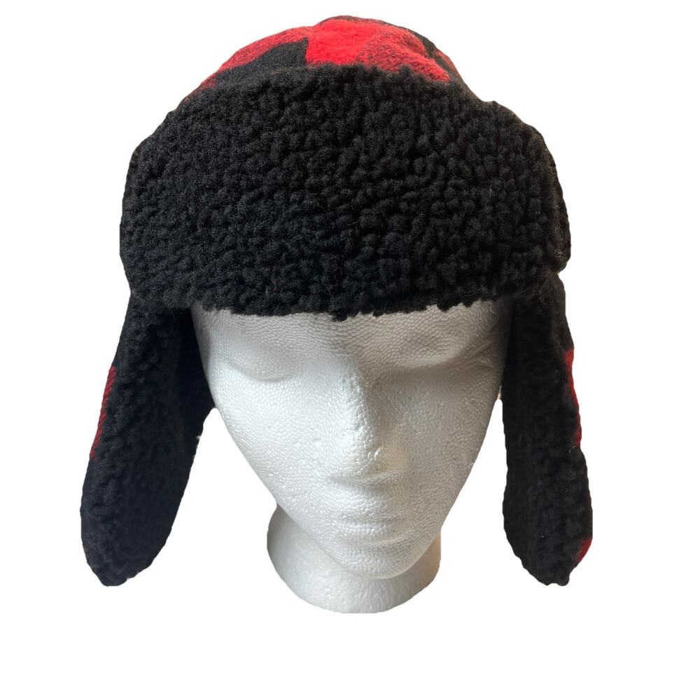 Boys Pull On Buffalo Plaid Winter Hat Protects Head & Ears RED/BLACK NWOT